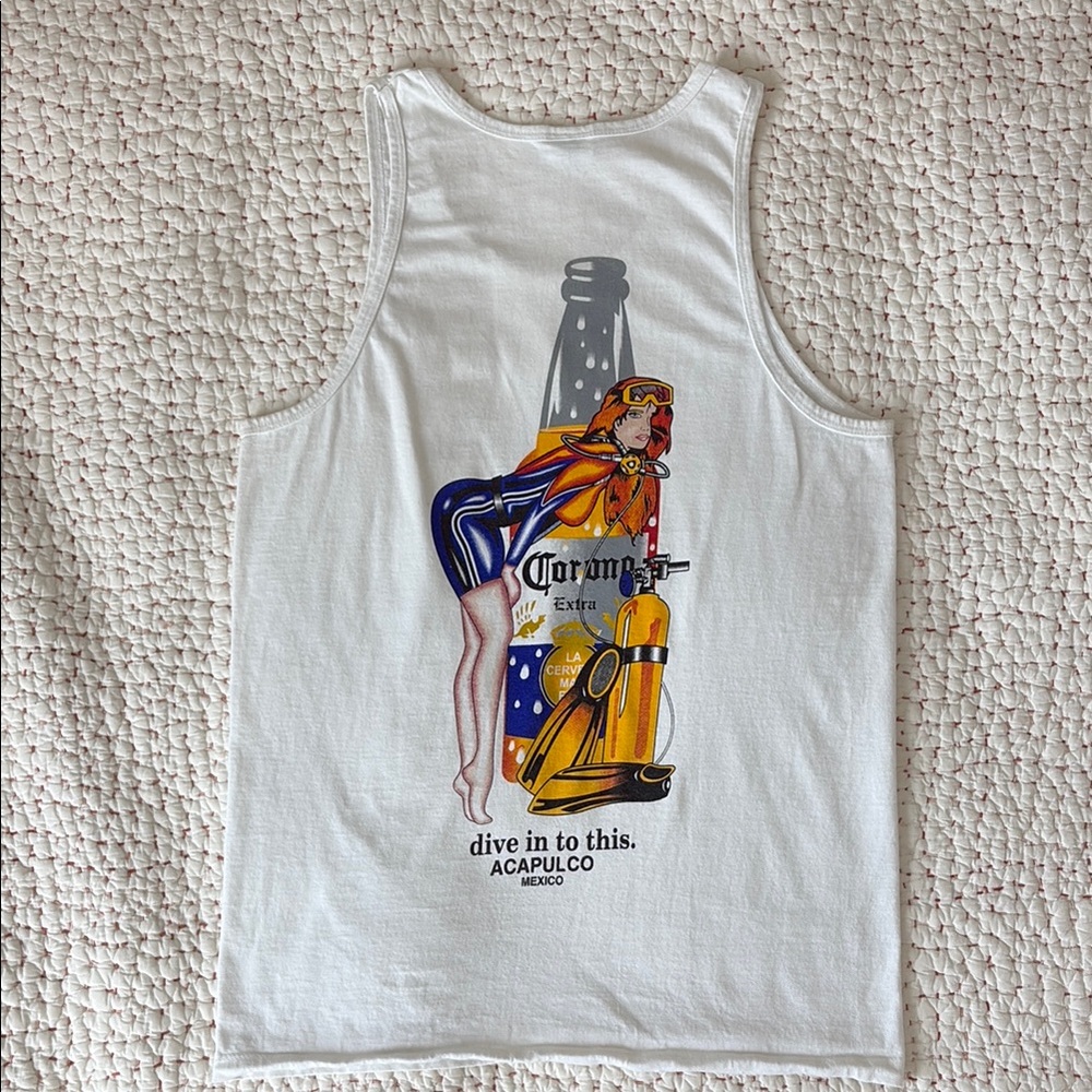 90s Vintage Corona Extra Acapulco Mexico Graphic Tank Top white double sided